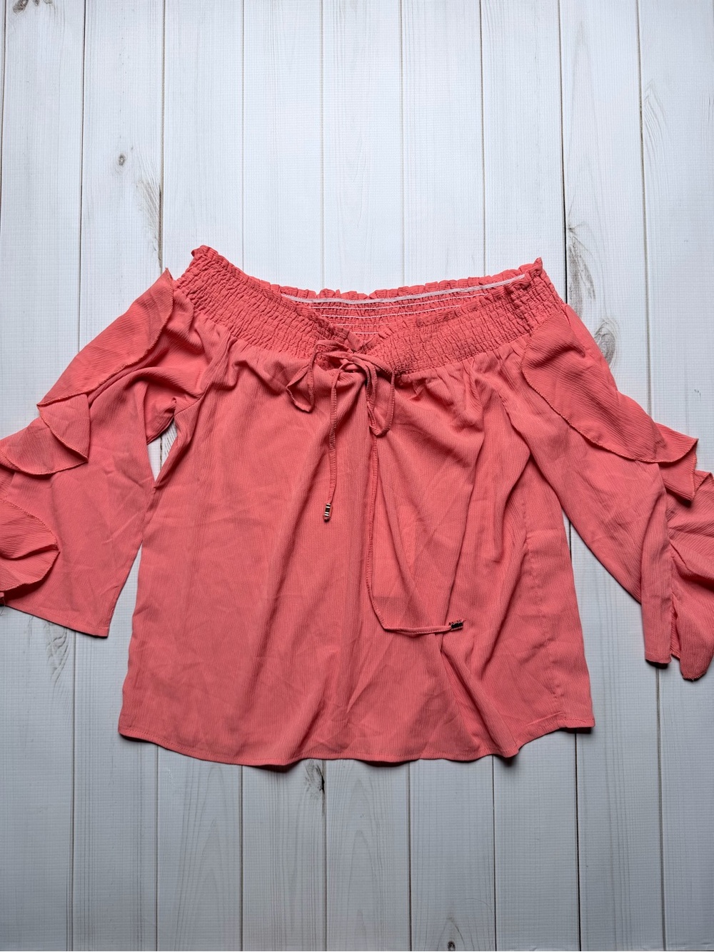 Smocked Off-Shoulder Ruffle Sleeve Top in Coral